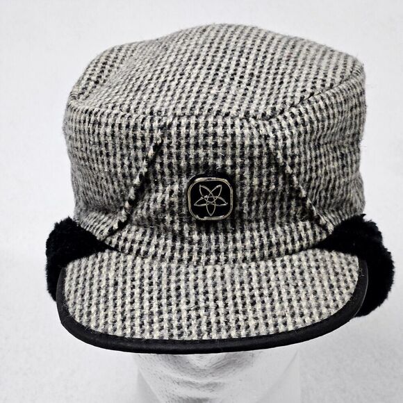 Vintage Army Cadet Hat Checks Black White Gray Faux Fur Lined Geometric Logo - Picture 1 of 8
